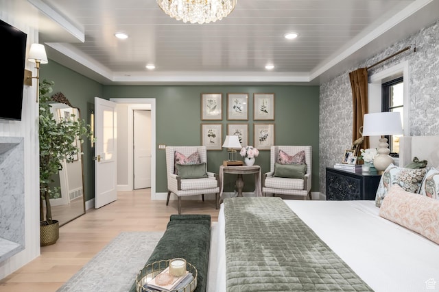 4605 S Ledgemont Dr E, Salt Lake City, UT 84124 - bedroom with a tray ceiling, wood finished floors, recessed lighting, and a chandelier