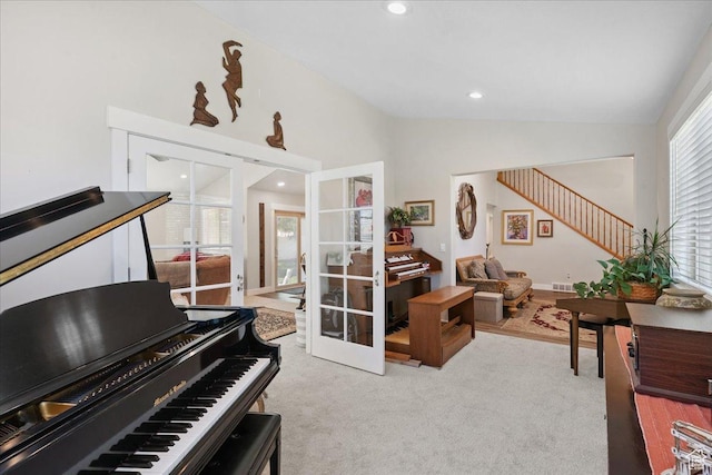 5719 W Boulder Creek Rd, West Jordan, UT 84081 - living area featuring lofted ceiling, carpet flooring, recessed lighting, and stairs