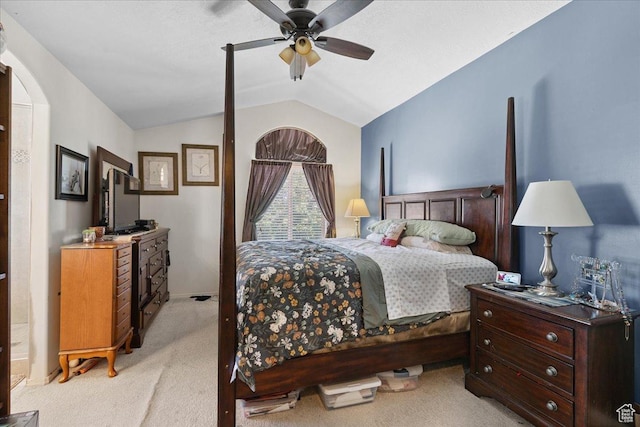 5719 W Boulder Creek Rd, West Jordan, UT 84081 - bedroom with light carpet, vaulted ceiling, and a ceiling fan