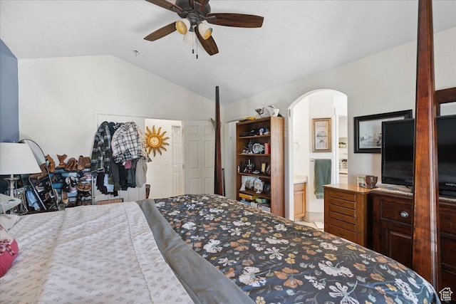 5719 W Boulder Creek Rd, West Jordan, UT 84081 - bedroom with lofted ceiling, arched walkways, and a ceiling fan