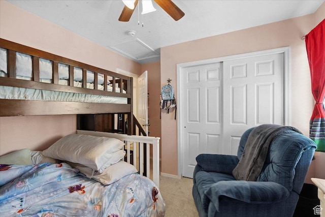 5719 W Boulder Creek Rd, West Jordan, UT 84081 - bedroom featuring light colored carpet, a closet, ceiling fan, and attic access
