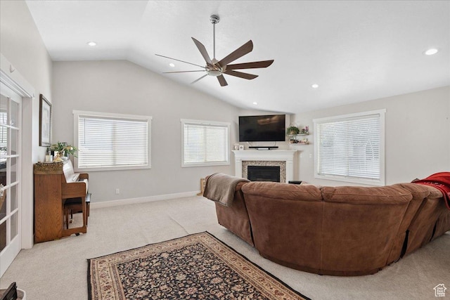 5719 W Boulder Creek Rd, West Jordan, UT 84081 - living room with light carpet, a ceiling fan, recessed lighting, a fireplace, and lofted ceiling