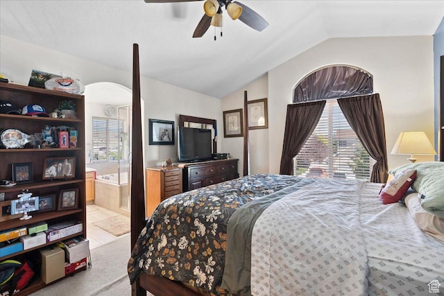 5719 W Boulder Creek Rd, West Jordan, UT 84081 - bedroom featuring vaulted ceiling, carpet floors, a ceiling fan, and connected bathroom
