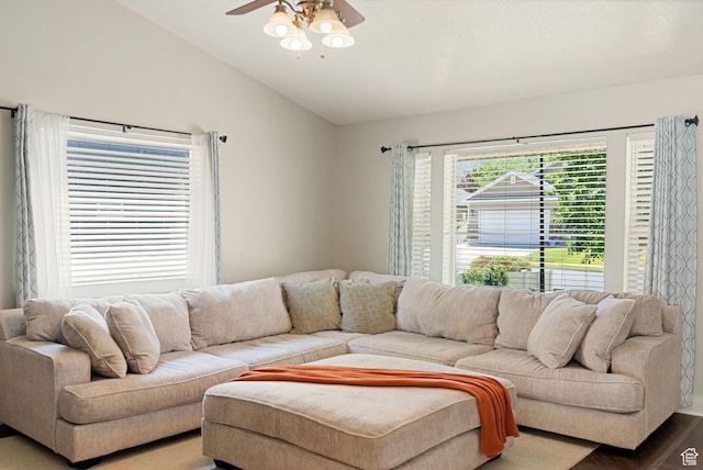 151 E 360 N, Providence, UT 84332 - living area with lofted ceiling and a ceiling fan
