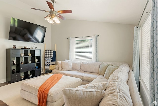 151 E 360 N, Providence, UT 84332 - living area with vaulted ceiling, healthy amount of natural light, ceiling fan, and wood finished floors