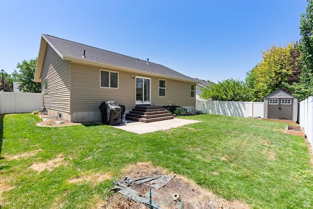 151 E 360 N, Providence, UT 84332 - rear view of property featuring a fenced backyard, a patio area, and a storage shed