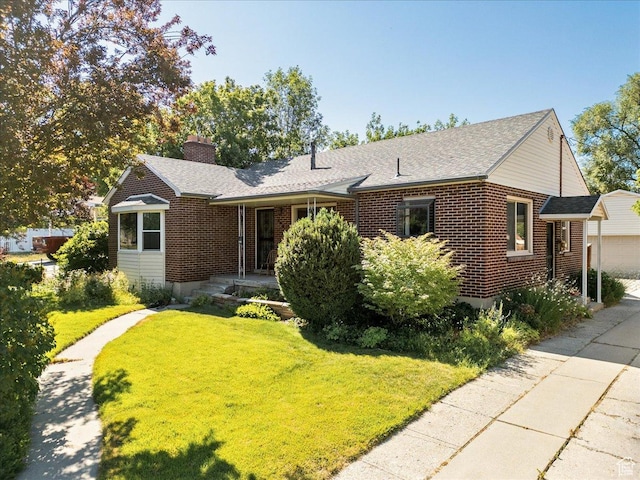 458 E 8800 S, Sandy, UT 84070 - ranch-style house featuring a front lawn, brick siding, a chimney, and a shingled roof