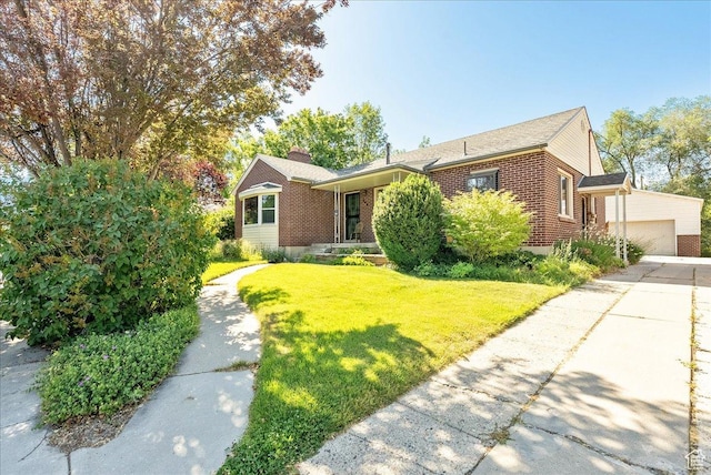 458 E 8800 S, Sandy, UT 84070 - ranch-style house featuring a garage, brick siding, a front yard, a chimney, and concrete driveway