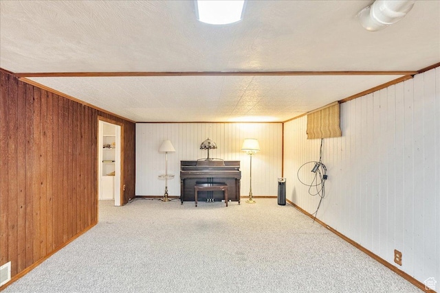 458 E 8800 S, Sandy, UT 84070 - finished basement with a wood stove, wood walls, carpet flooring, crown molding, and a textured ceiling