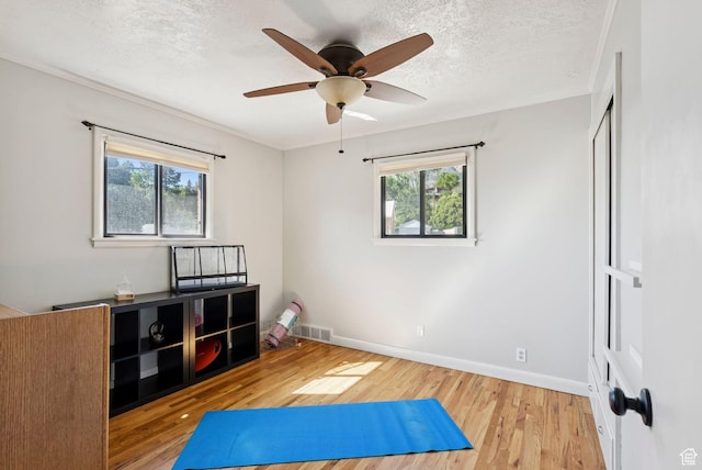 2999 N 300 E, North Ogden, UT 84414 - exercise area with wood finished floors, a textured ceiling, a ceiling fan, and crown molding