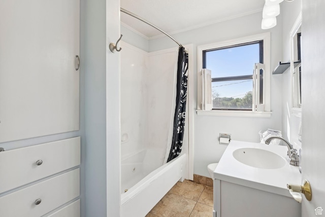2999 N 300 E, North Ogden, UT 84414 - full bath featuring vanity, shower / bath combination with curtain, crown molding, and tile patterned floors