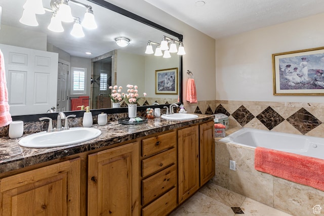 2148 E Pinecrest Ln S, Sandy, UT 84092 - bathroom with double vanity, a bath, a shower with door, and a chandelier