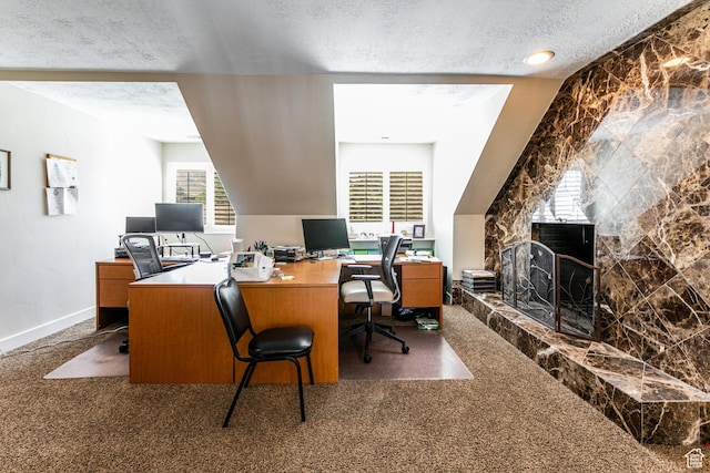 2148 E Pinecrest Ln S, Sandy, UT 84092 - carpeted home office featuring a textured ceiling and a fireplace