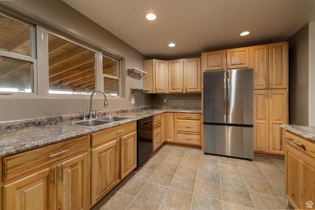 3378 N Sr 87 W, Talmage, UT 84073 - kitchen with freestanding refrigerator, dishwasher, recessed lighting, a textured ceiling, and light brown cabinetry