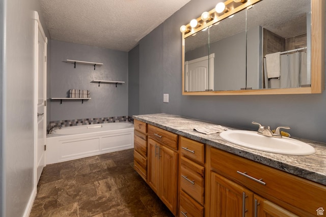 3378 N Sr 87 W, Talmage, UT 84073 - full bathroom with a textured ceiling, vanity, a bath, stone finish floors, and a shower with shower curtain