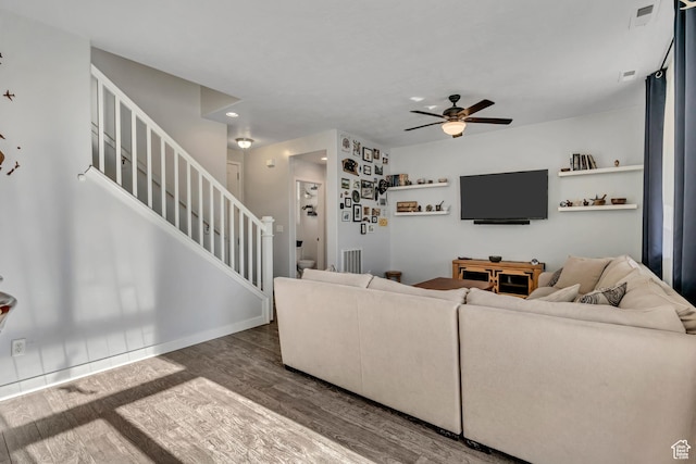 1046 W Stonehaven Dr, North Salt Lake, UT 84054 - living area featuring wood finished floors, ceiling fan, stairs, and recessed lighting