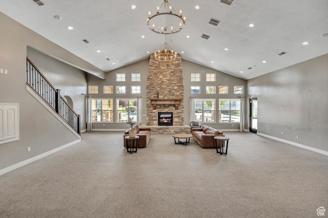 1046 W Stonehaven Dr, North Salt Lake, UT 84054 - carpeted living room with a stone fireplace, a chandelier, plenty of natural light, high vaulted ceiling, and recessed lighting