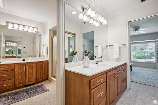 2056 E Sierra View Cir, Millcreek, UT 84109 - bathroom featuring a ceiling fan, a shower stall, vanity, and crown molding