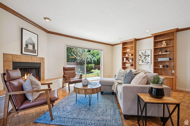 2056 E Sierra View Cir, Millcreek, UT 84109 - living area with ornamental molding, a tiled fireplace, recessed lighting, and a textured ceiling