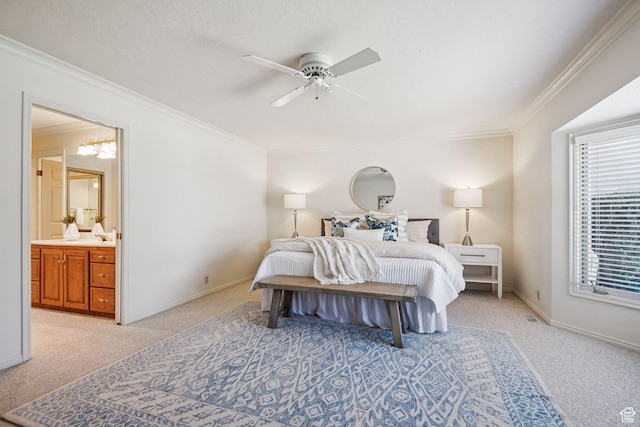 2056 E Sierra View Cir, Millcreek, UT 84109 - bedroom featuring light colored carpet, ornamental molding, ceiling fan, and ensuite bathroom
