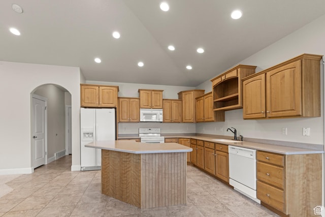 4713 W 4050 S, West Haven, UT 84401 - kitchen featuring white appliances, arched walkways, a center island, light countertops, and open shelves
