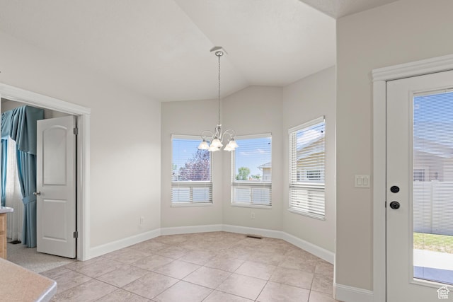 4713 W 4050 S, West Haven, UT 84401 - unfurnished dining area with a chandelier, lofted ceiling, and light tile patterned floors