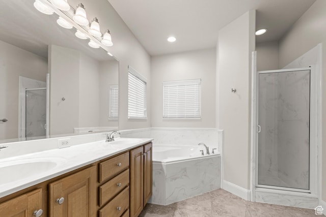 4713 W 4050 S, West Haven, UT 84401 - full bathroom with a marble finish shower, a bath, double vanity, tile patterned floors, and recessed lighting