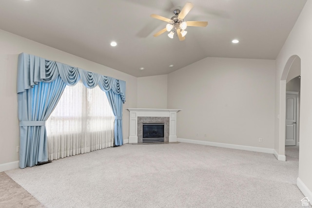 4713 W 4050 S, West Haven, UT 84401 - unfurnished living room featuring carpet floors, arched walkways, ceiling fan, recessed lighting, and lofted ceiling