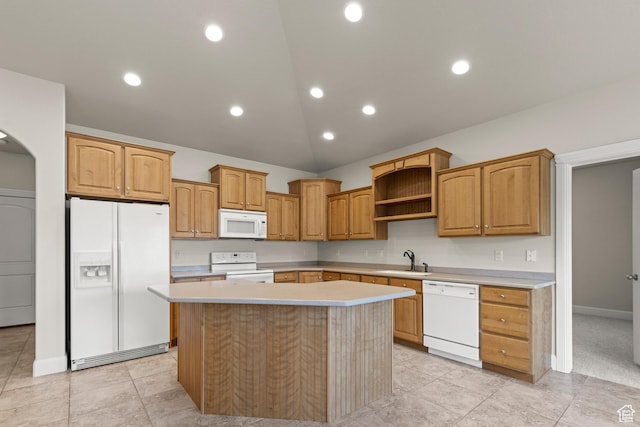 4713 W 4050 S, West Haven, UT 84401 - kitchen with white appliances, a kitchen island, light countertops, open shelves, and arched walkways