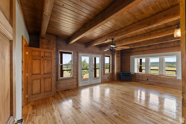 16 N Porcupine Ln, La Sal, UT 84530 - empty room featuring a wood stove, wooden walls, wood-type flooring, a wood ceiling with exposed beams, and french doors
