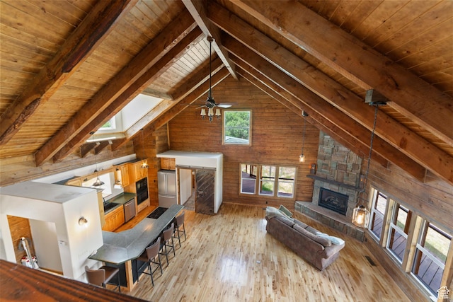 16 N Porcupine Ln, La Sal, UT 84530 - living room featuring wooden walls, a fireplace, wooden ceiling, light wood-style floors, and a ceiling fan