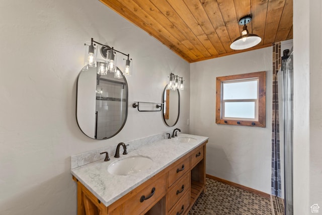 16 N Porcupine Ln, La Sal, UT 84530 - full bathroom with double vanity, wooden ceiling, and a shower