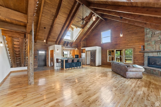 16 N Porcupine Ln, La Sal, UT 84530 - living area with high vaulted ceiling, light wood finished floors, a fireplace, a wooden ceiling with exposed beams, and a skylight