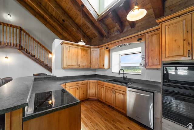 16 N Porcupine Ln, La Sal, UT 84530 - kitchen featuring black appliances, wood ceiling, dark countertops, light wood-type flooring, and a peninsula