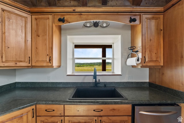 16 N Porcupine Ln, La Sal, UT 84530 - kitchen featuring stainless steel dishwasher, dark countertops, and brown cabinetry