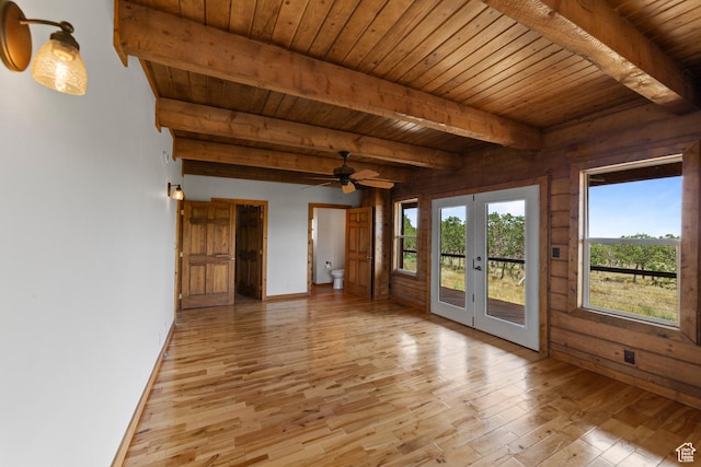 16 N Porcupine Ln, La Sal, UT 84530 - spare room featuring light wood-style floors, a wood ceiling with exposed beams, french doors, plenty of natural light, and ceiling fan
