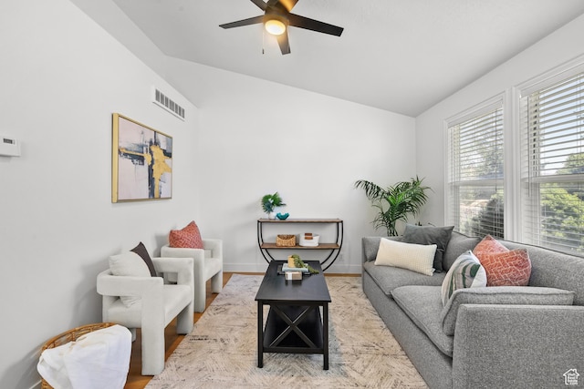 1215 W 125 S, Lehi, UT 84043 - living room with vaulted ceiling, a ceiling fan, and wood finished floors