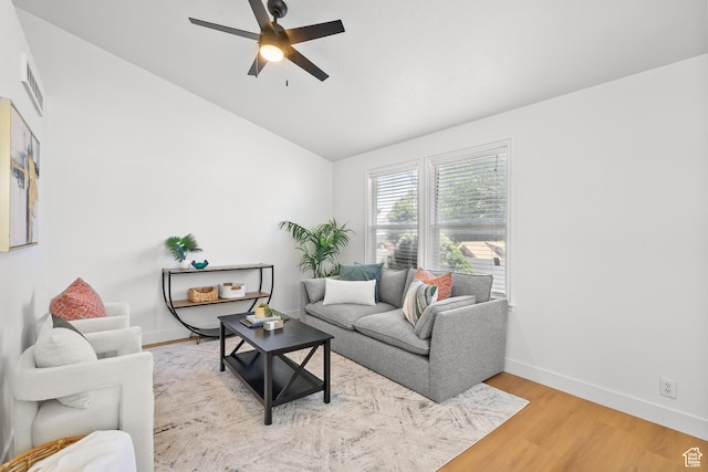 1215 W 125 S, Lehi, UT 84043 - living room featuring vaulted ceiling, ceiling fan, and light wood-type flooring