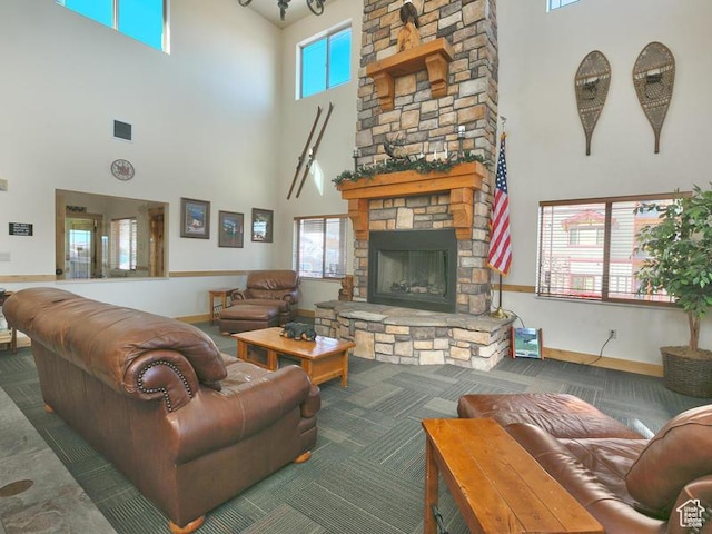 5541 N Slalom Way, Park City, UT 84098 - living room featuring a high ceiling and a stone fireplace