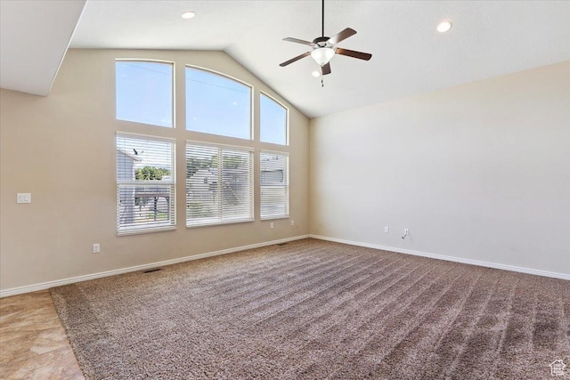 5464 S 3200 W, Roy, UT 84067 - empty room featuring ceiling fan, high vaulted ceiling, light carpet, and recessed lighting