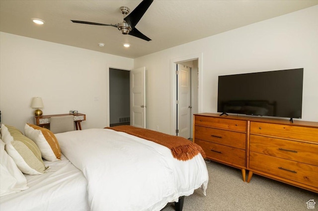 2049 N Harvest Village Ln, Saratoga Springs, UT 84045 - bedroom with recessed lighting, light colored carpet, and a ceiling fan