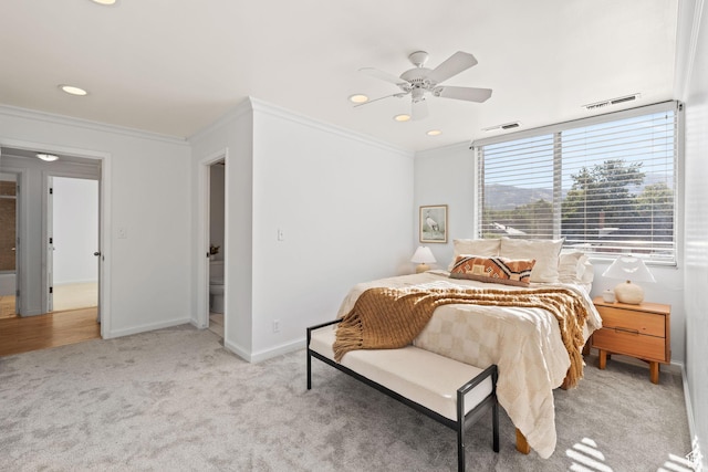 777 E S Temple Unit 4A, Salt Lake City, UT 84102 - bedroom with crown molding, light colored carpet, recessed lighting, and a ceiling fan