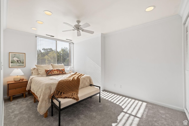 777 E S Temple Unit 4A, Salt Lake City, UT 84102 - bedroom with carpet floors, crown molding, recessed lighting, and ceiling fan