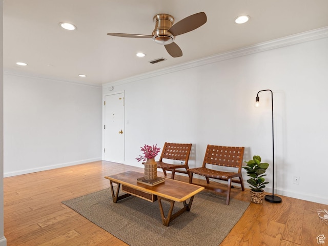 777 E S Temple Unit 4A, Salt Lake City, UT 84102 - sitting room with recessed lighting, crown molding, a ceiling fan, and wood finished floors