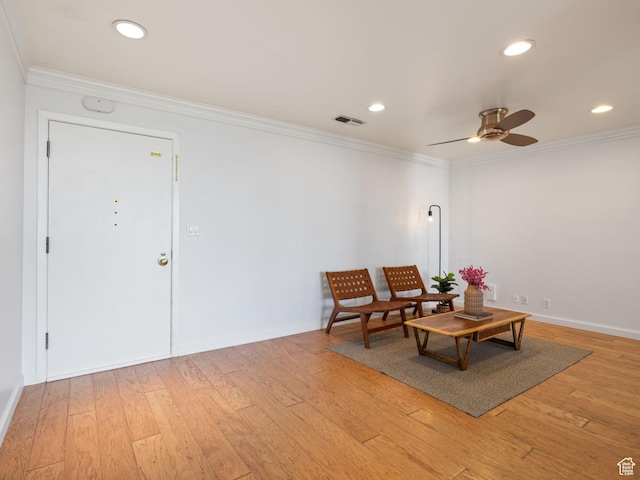 777 E S Temple Unit 4A, Salt Lake City, UT 84102 - sitting room featuring a ceiling fan, ornamental molding, light wood-style flooring, and recessed lighting