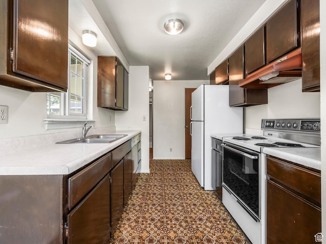 2844 Timpview, Provo, UT 84604 - kitchen featuring white appliances, under cabinet range hood, light countertops, and dark brown cabinetry