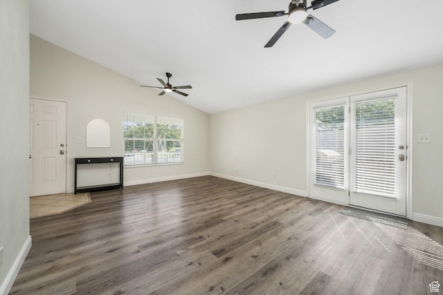 224 W Apple Ave, Saratoga Springs, UT 84045 - unfurnished living room featuring a ceiling fan, wood finished floors, and lofted ceiling