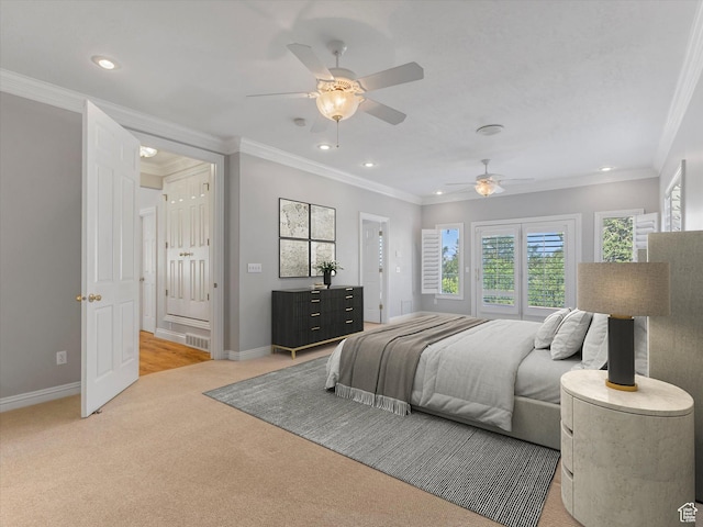 2960 E Oak Park Ln S, Holladay, UT 84117 - bedroom with recessed lighting, light carpet, crown molding, and a ceiling fan