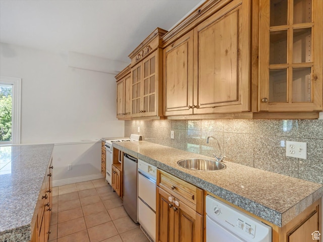 2960 E Oak Park Ln S, Holladay, UT 84117 - kitchen featuring white appliances, decorative backsplash, light tile patterned floors, and glass insert cabinets