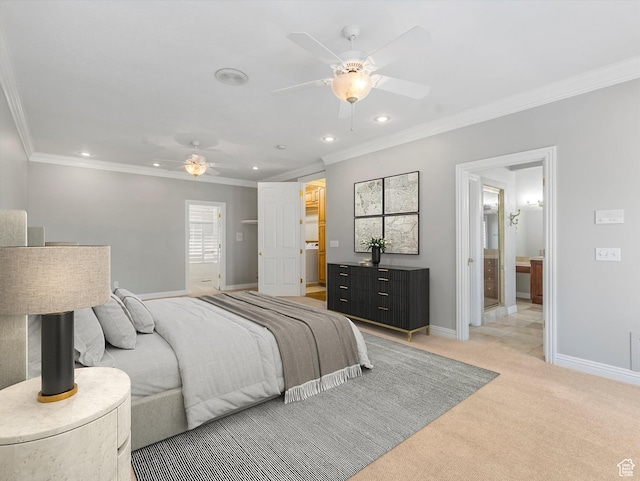 2960 E Oak Park Ln S, Holladay, UT 84117 - bedroom featuring ornamental molding, recessed lighting, light carpet, a ceiling fan, and connected bathroom
